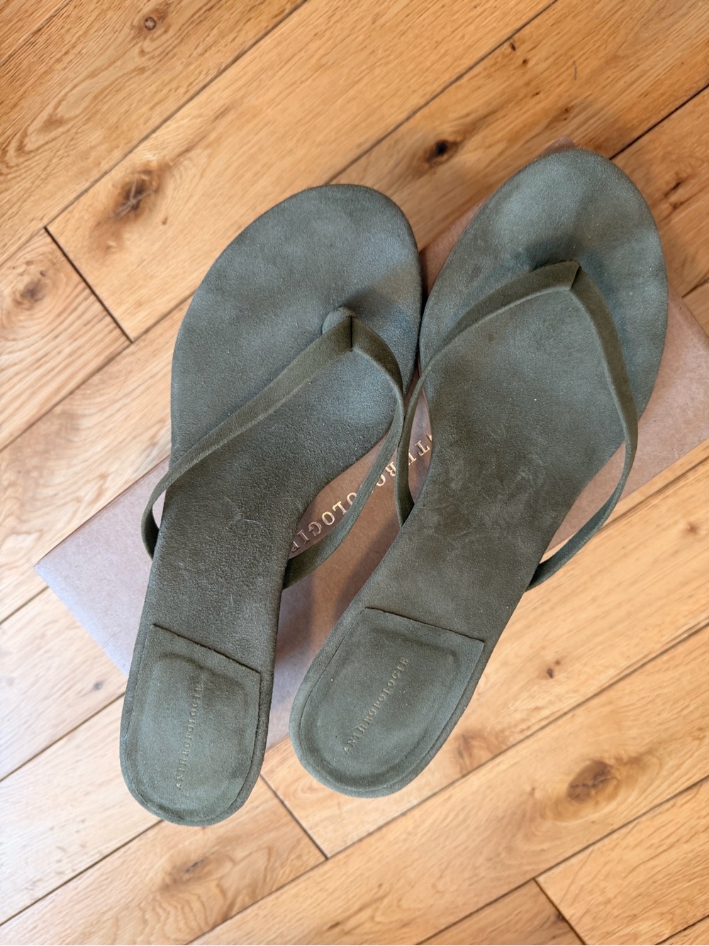 Anthropologie Olive Green Suede Flip Flop Sandals